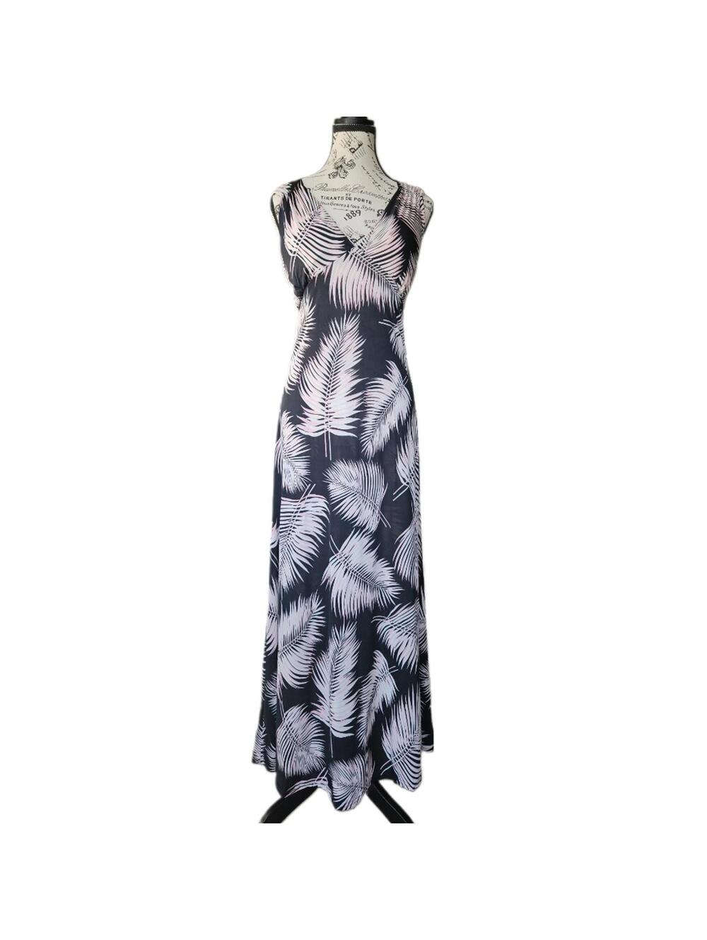 India Boutique- Padded Black Maxi Dress W- Pink & White Fern Leaf Print
